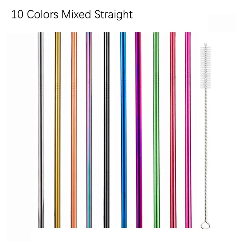 10Pcs Reusable Drinking Straw Metal Straws 304 Stainless Steel Straws Set with Brush Bar Cocktail Straw for Glasses Drinkware