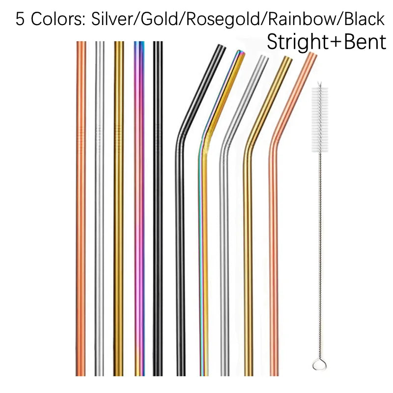 10Pcs Reusable Drinking Straw Metal Straws 304 Stainless Steel Straws Set with Brush Bar Cocktail Straw for Glasses Drinkware