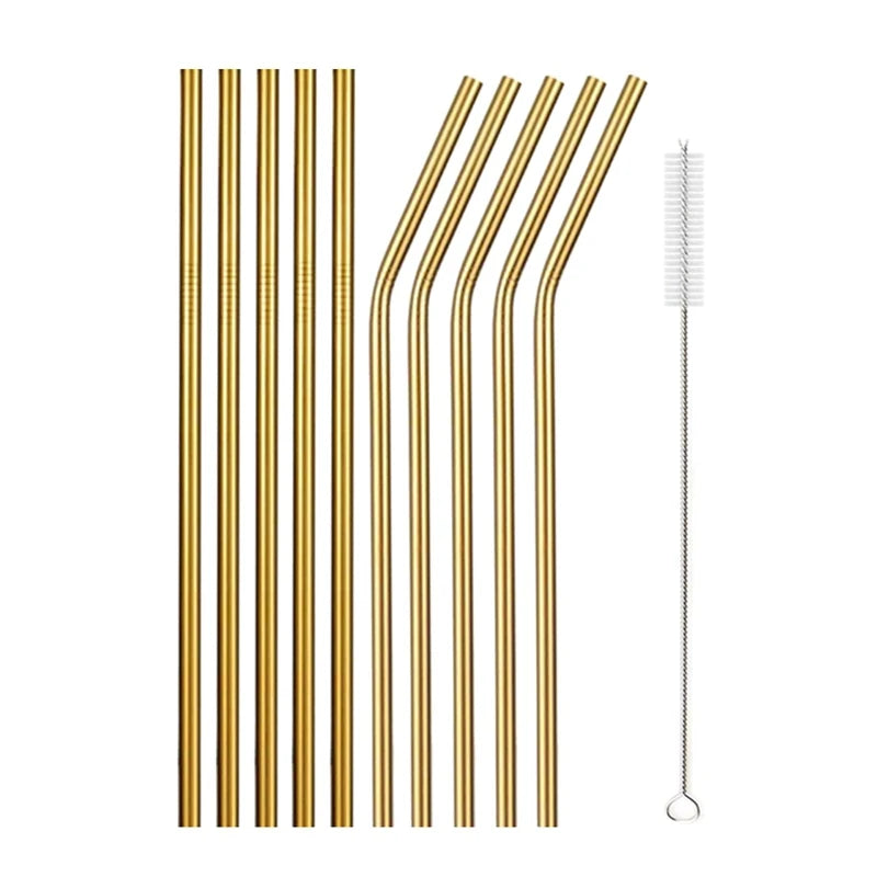 10Pcs Reusable Drinking Straw Metal Straws 304 Stainless Steel Straws Set with Brush Bar Cocktail Straw for Glasses Drinkware