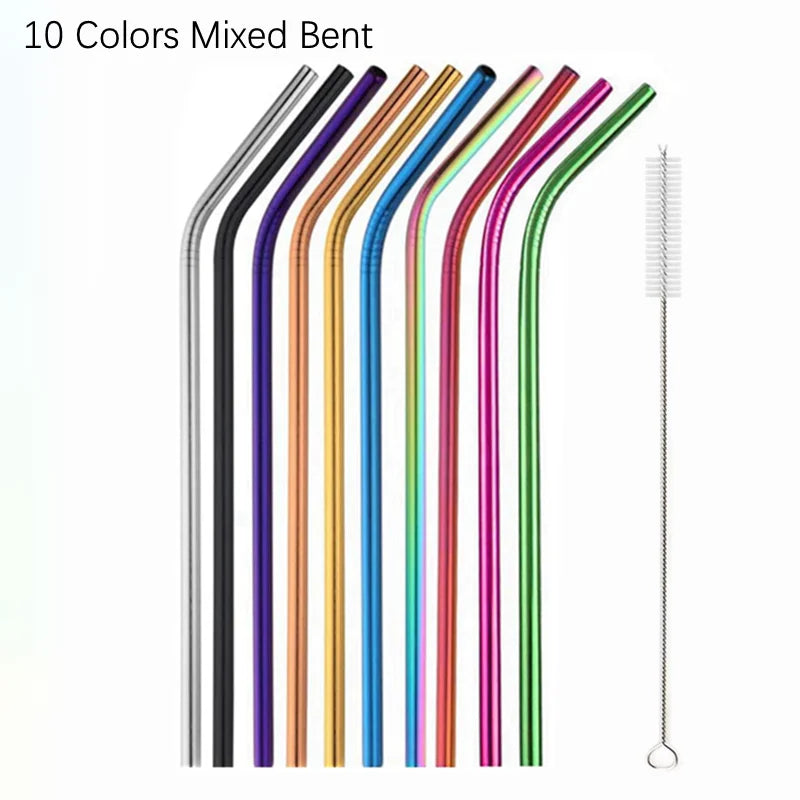 10Pcs Reusable Drinking Straw Metal Straws 304 Stainless Steel Straws Set with Brush Bar Cocktail Straw for Glasses Drinkware