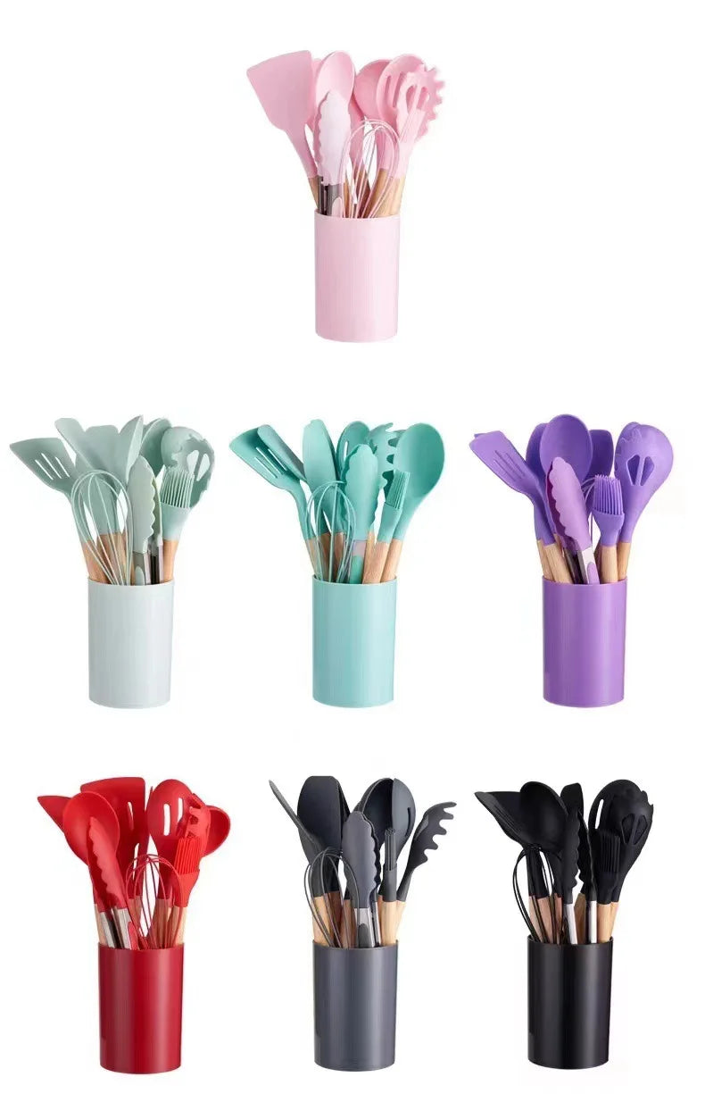 12Pcs Silicone Cooking Utensils Set Wooden Handle Kitchen Cooking Tool Non-stick Cookware Spatula Shovel Egg Kitchenware Beaters