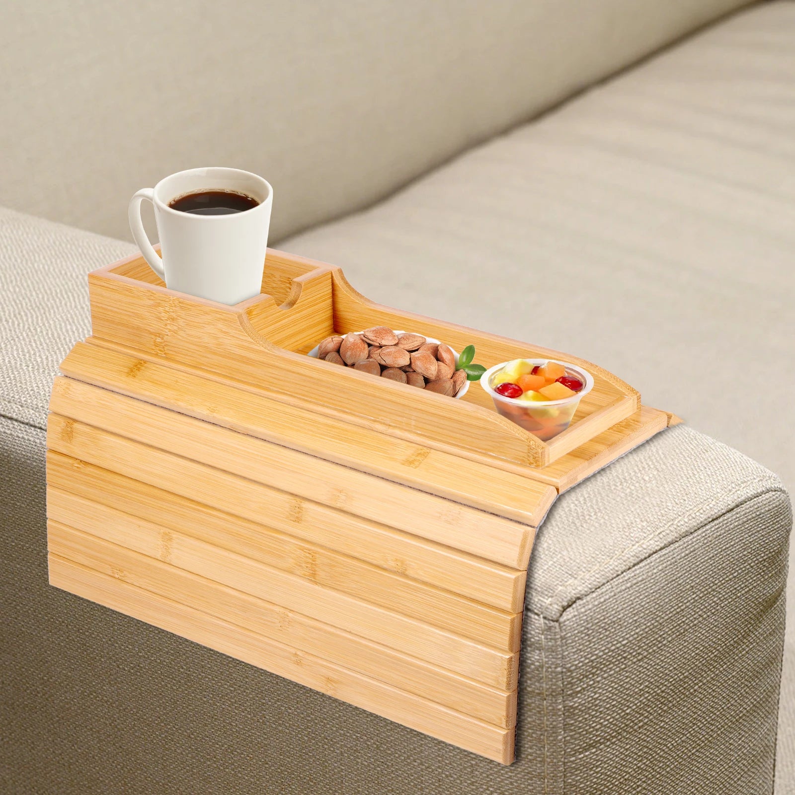 Couch Cup Holder Natural Anti-Slip Bamboo Sofa Armrest Tray Foldable Multifunctional Sofa Cup Holder for Cups Remote Control