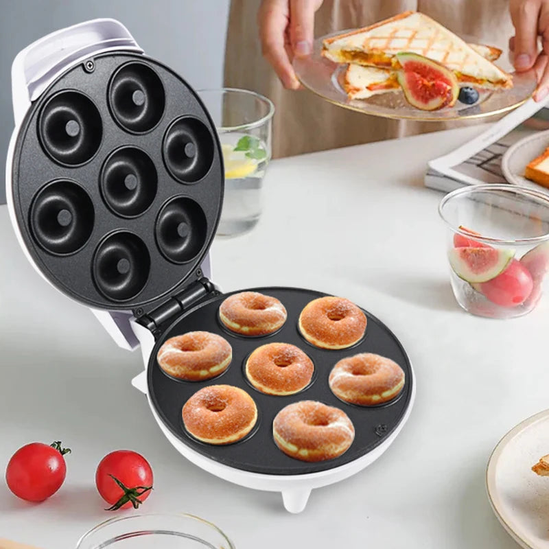 Mini Donut Maker Machine Non-stick Surface for Kids Breakfast Snack Desserts Makes 7 Doughnuts White Color Home Appliances