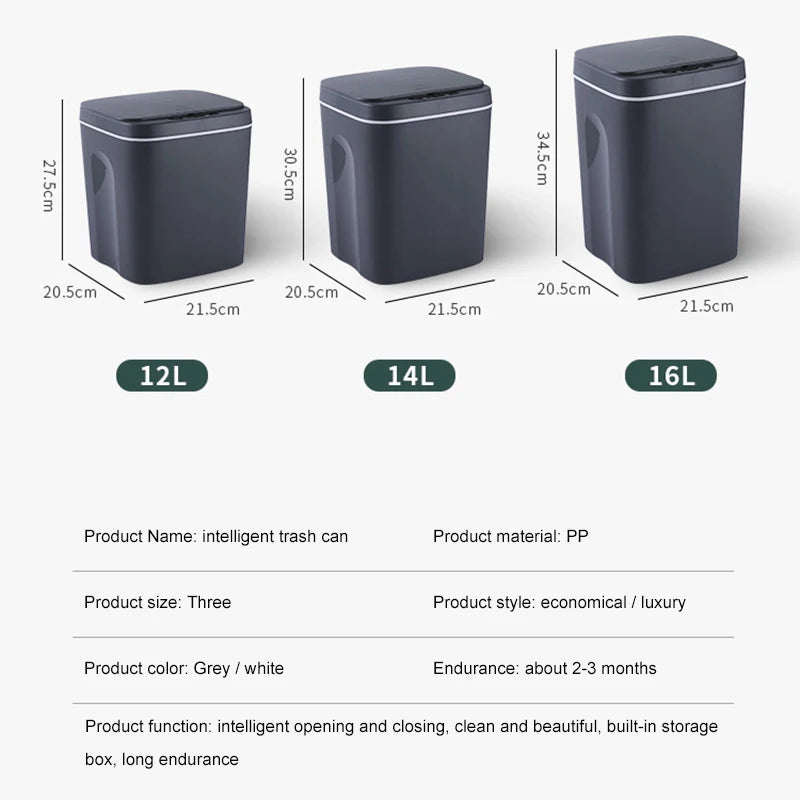 12-16L Smart Trash Can Automatic Sensor Dustbin Electric Waste Bin Waterproof Wastebasket For Kitchen Bathroom Recycling Trash