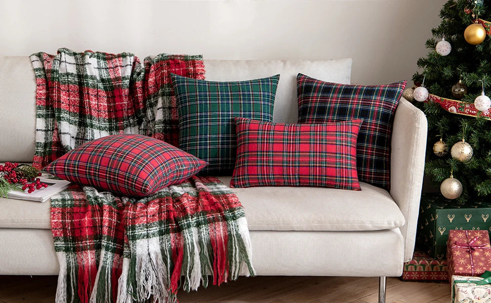 18x18 Inch Christmas Pillow Cases Checkered Cushion Cover Decorative for Sofa Plaid Woven Pillowcase for Festive Party Occasions