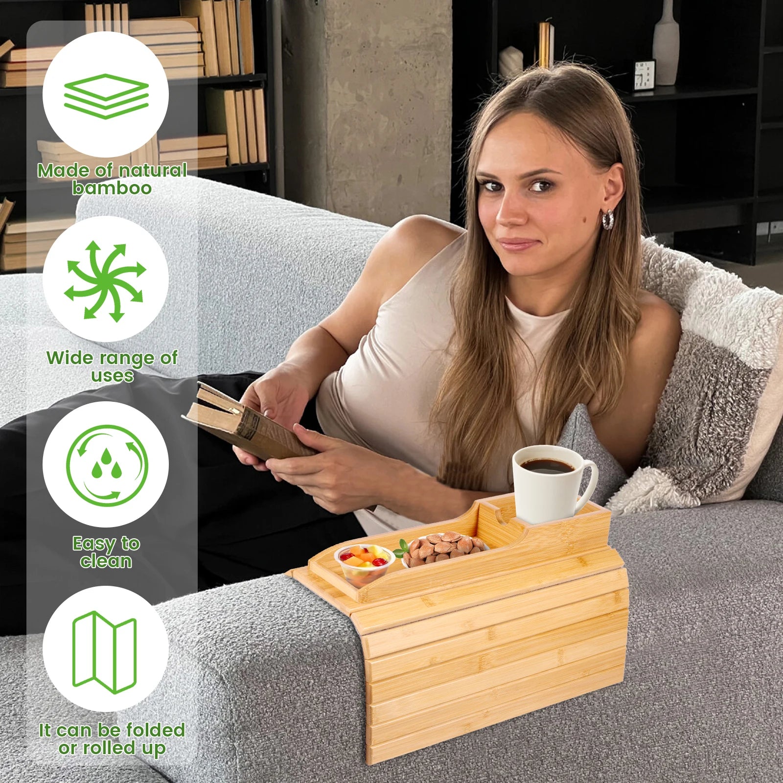 Couch Cup Holder Natural Anti-Slip Bamboo Sofa Armrest Tray Foldable Multifunctional Sofa Cup Holder for Cups Remote Control