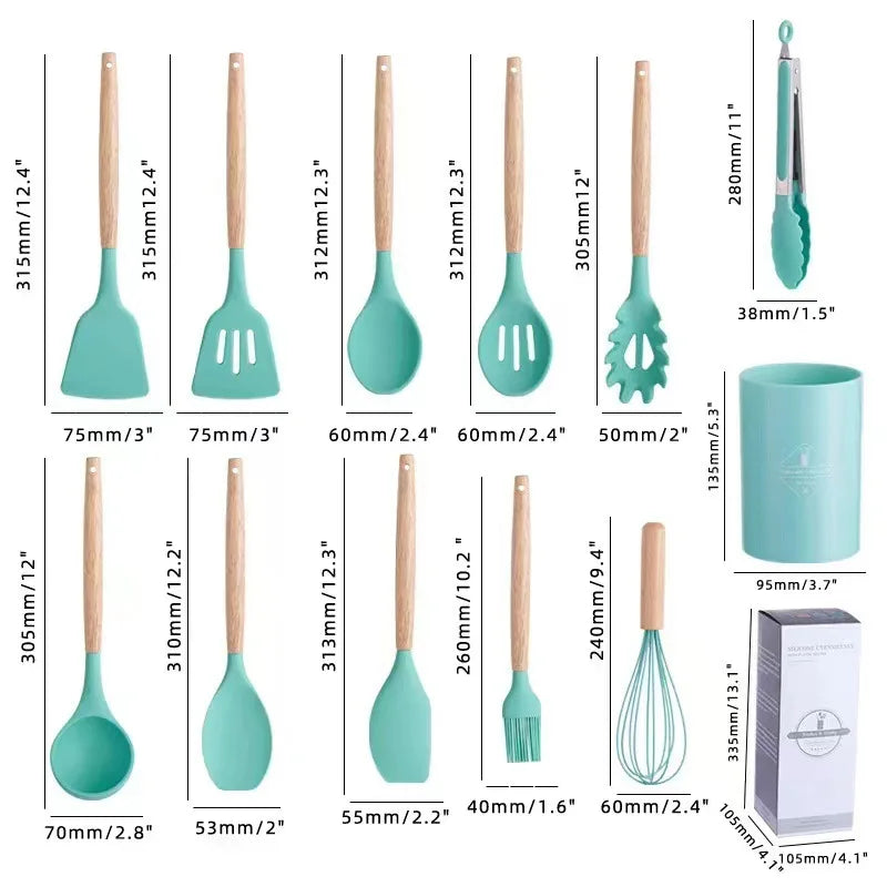 12Pcs Silicone Cooking Utensils Set Wooden Handle Kitchen Cooking Tool Non-stick Cookware Spatula Shovel Egg Kitchenware Beaters