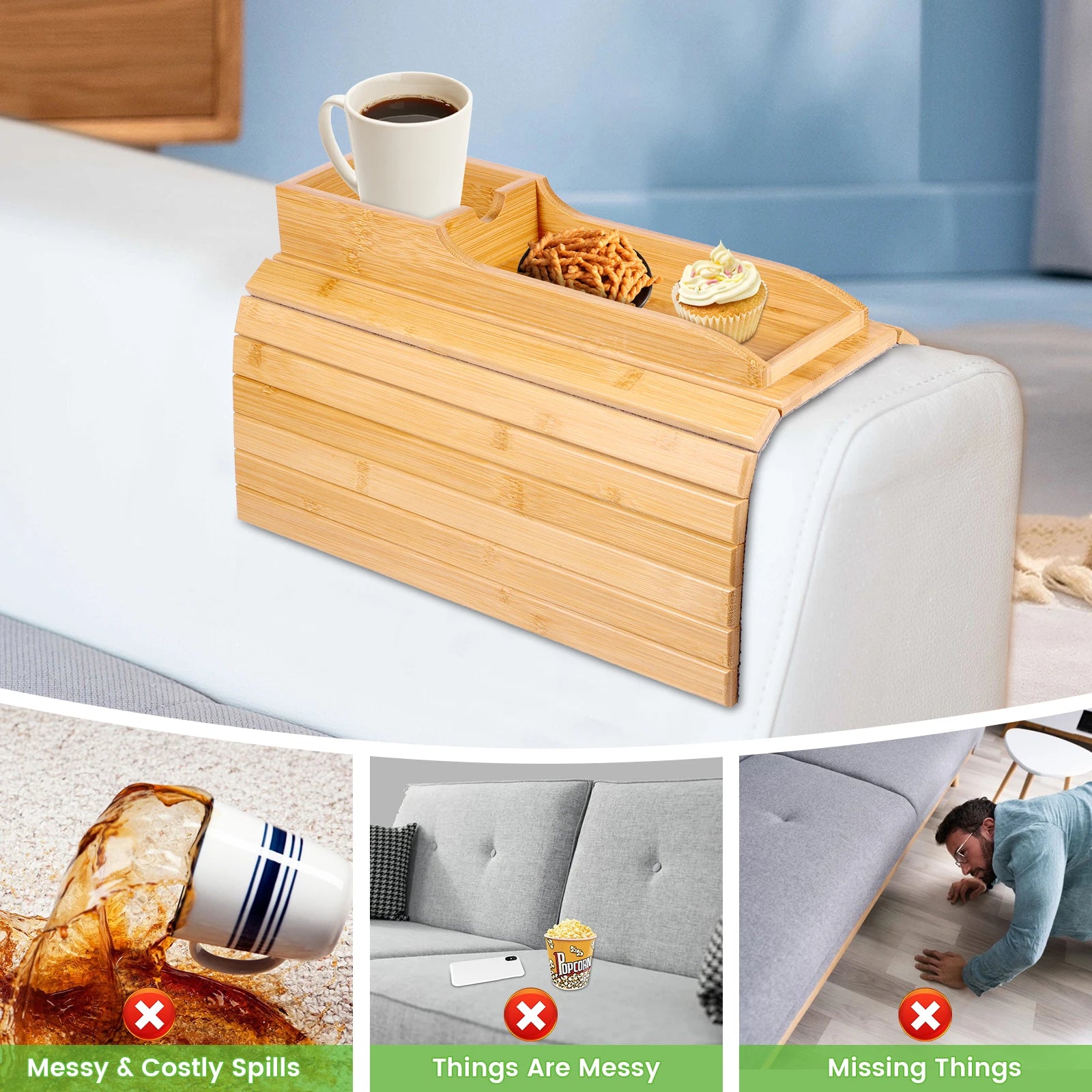 Couch Cup Holder Natural Anti-Slip Bamboo Sofa Armrest Tray Foldable Multifunctional Sofa Cup Holder for Cups Remote Control