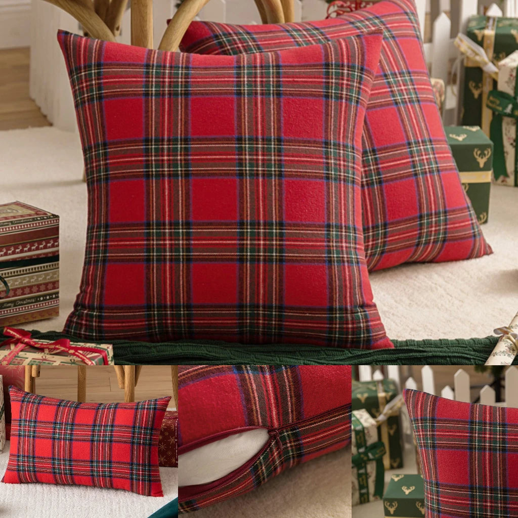 18x18 Inch Christmas Pillow Cases Checkered Cushion Cover Decorative for Sofa Plaid Woven Pillowcase for Festive Party Occasions