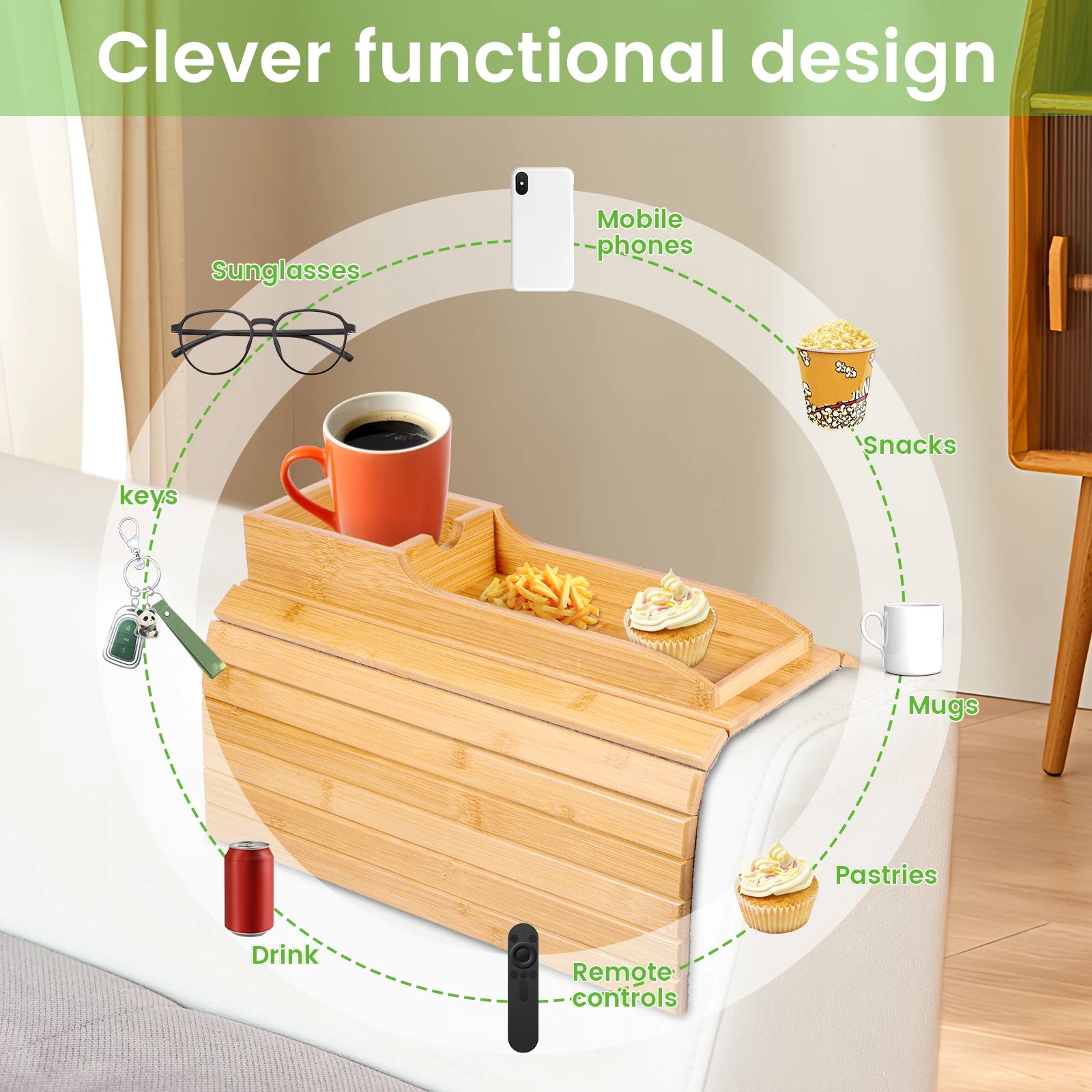 Couch Cup Holder Natural Anti-Slip Bamboo Sofa Armrest Tray Foldable Multifunctional Sofa Cup Holder for Cups Remote Control