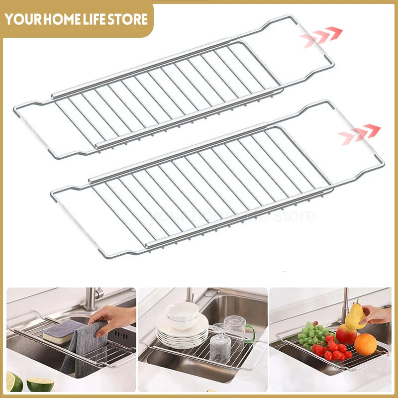 Drain Rack Expandable over the sink,304 Stainless Steel sink Rack,dish cup Soap Sponge Rag Storage Holder for Kitchen Organizer