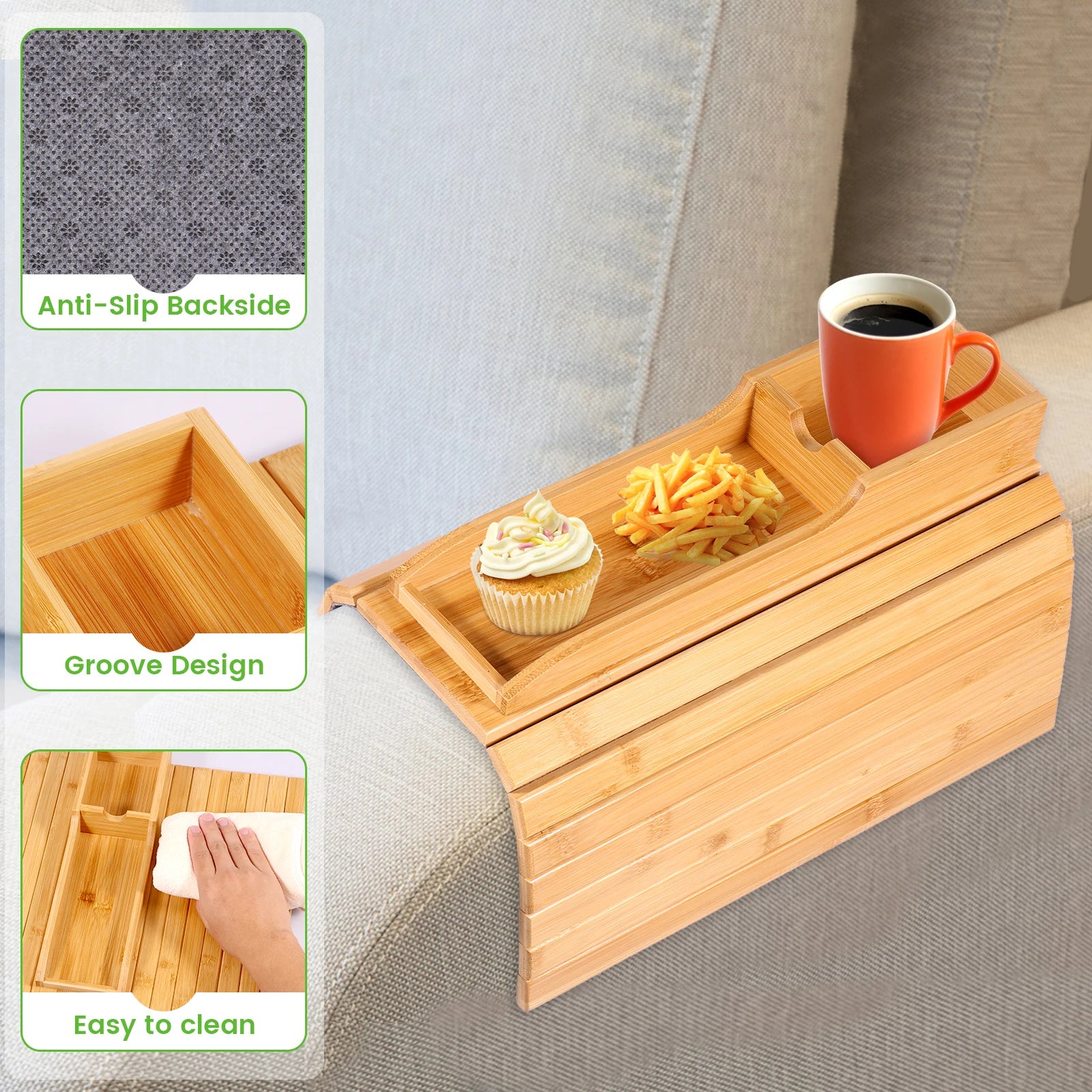 Couch Cup Holder Natural Anti-Slip Bamboo Sofa Armrest Tray Foldable Multifunctional Sofa Cup Holder for Cups Remote Control